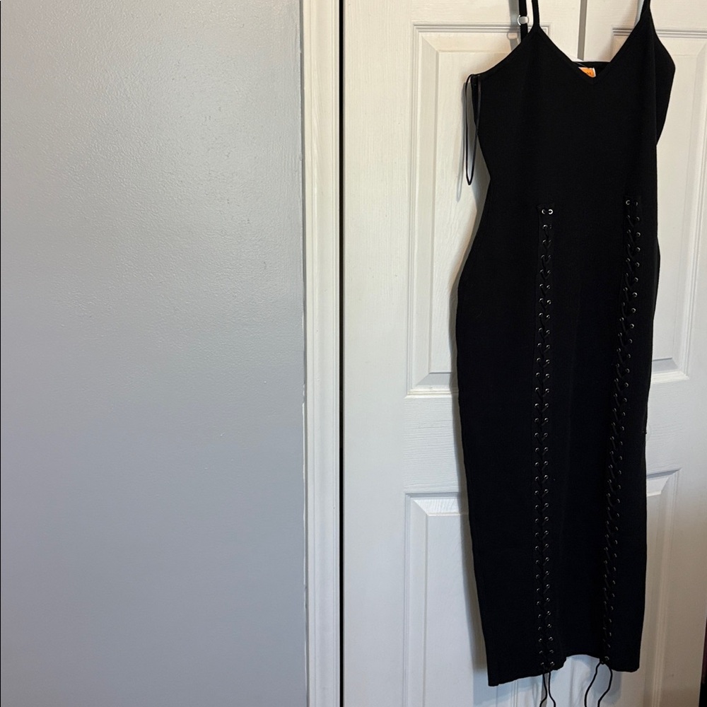 Chic Black Midi Dress with Lace-Up Detail